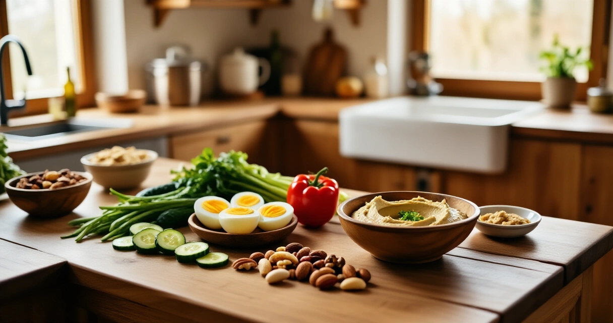 Terveellisiä suolaisia herkkuja: hummus, kasviksia, kananmunia ja pähkinöitä